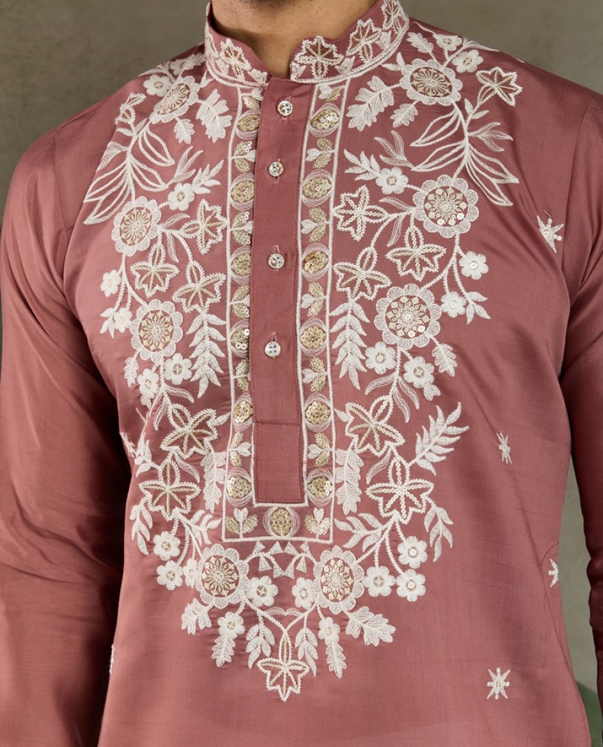 61324-pink - Pastel pink Thread & Sequence Hand Embroidered Men’s Kurta Set